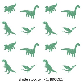 Vector seamless pattern of hand drawn doodle sketch different green dinosaur isolated on white background