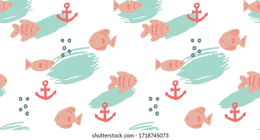 Vector seamless pattern with hand drawn summer elements, fish nautical designs, anchor fish ocean bubble sea vacation tropical