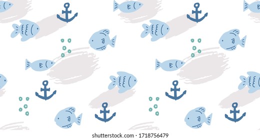 Vector seamless pattern with hand drawn summer elements, fish nautical designs, anchor fish ocean bubble sea summer vacation tropical