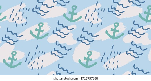 Vector seamless pattern with hand drawn summer elements, nautical designs, anchor ocean bubble sea vacation tropical