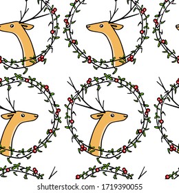 Vector seamless pattern with hand drawn sweet elks in green leafy wreath with red berries. Beautiful animal design elements, perfect for prints and patterns