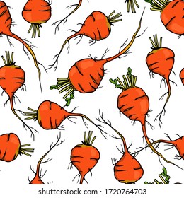 Vector seamless pattern with hand drawn ripe golden beetroots. Beautiful food design elements, ink drawing. Perfect for prints and patterns