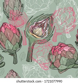 Vector seamless pattern with hand drawn artichoke on graphic background.
