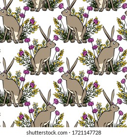 Vector seamless pattern with hand drawn cute sitting hare in wildflowers thickets made with ink. Sweet design elements, beautiful animal illustration, perfect for prints and patterns