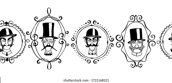 Vector seamless pattern with hand drawn gentleman portraits in vintage frames. Heads of skeptical, elegant and funny gentlemen. Ink drawing, graphic style. Perfect for prints and patterns