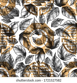 Vector seamless pattern with hand drawn leaves and golden asia symbols isolated on white background. Design for print, fabric, wallpaper, card