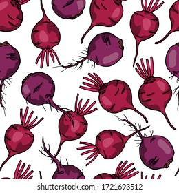 Vector seamless pattern with hand drawn ripe colorful beets. Beautiful food design elements, ink drawing. Perfect for prints and patterns