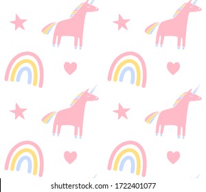 Vector seamless pattern of of hand drawn doodle sketch unicorn and rainbow isolated on white background