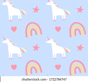 Vector seamless pattern of of hand drawn doodle sketch unicorn and rainbow isolated on blue background