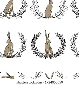 Vector seamless pattern with hand drawn cute timid hares in delicate floral wreath. Sweet design elements, beautiful animal illustration, ink drawing. Perfect for prints and patterns