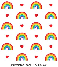 Vector seamless pattern of hand drawn doodle sketch lgbt rainbow flag and heart isolated on white background