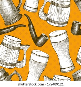 Vector seamless pattern with hand drawn beer mug and glass. Engraved background for  for St. Patrick's day.