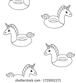 Vector seamless pattern of hand drawn doodle sketch swimming unicorn float isolated on white background