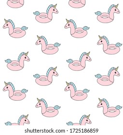 Vector seamless pattern of hand drawn doodle sketch pink swimming unicorn float isolated on white background