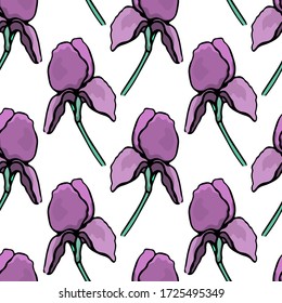 Vector seamless pattern with hand drawn graceful Iris flowers. Beautiful floral design elements, ink drawing, perfect for prints and patterns