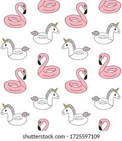 Vector seamless pattern of hand drawn doodle sketch colored swimming flamingo and unicorn float ring isolated on white background