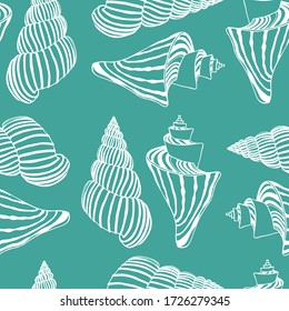 Vector seamless pattern with hand drawn seashells. Beautiful marine design elements, ink drawing. Perfect for prints and patterns.