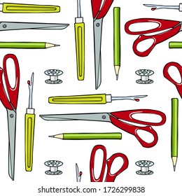 Vector seamless pattern with hand drawn sewing tools.  Beautiful sewing design elements, ink drawing. Perfect for prints and patterns