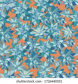 Vector seamless pattern with hand drawn grey green teal indigo blue color succulent plants  bundle on terra cotta color background for textile wallpaper 