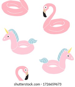 Vector seamless pattern of hand drawn doodle sketch pink swimming flamingo and unicorn float ring isolated on white background