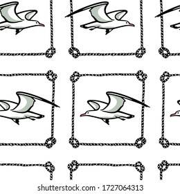 Vector seamless pattern with  hand drawn flying seagulls in rope frames. Ink drawing, beautiful animal design elements. Perfect for prints and patterns