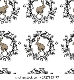 Vector seamless pattern with hand drawn cute hares in cotton flowers wreath. Sweet design elements, beautiful animal illustration, ink drawing. Perfect for prints and patterns