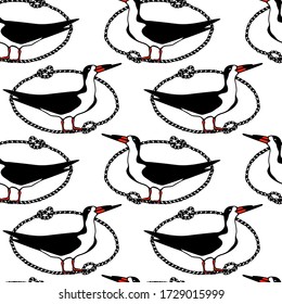 Vector seamless pattern with hand drawn black skimmers in rope frames. Beautiful animal design elements, ink drawing. Perfect for prints and patterns