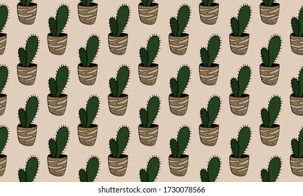 Vector seamless pattern with hand drawn cactus. Green houseplant in the pot. Home interior decoration. Gardening plant