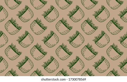 Vector seamless pattern with hand drawn herbs. Green houseplant in the pot. Home interior decoration. Gardening plant