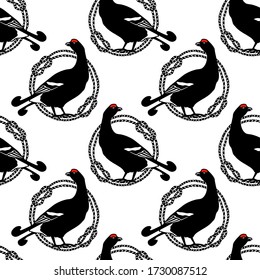 Vector seamless pattern with hand drawn black grouse in nautical rope frames. Beautiful design elements, perfect for prints and patterns