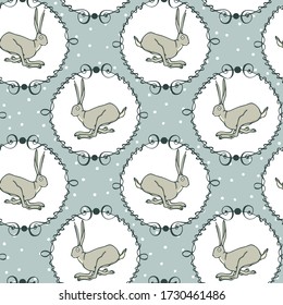 Vector seamless pattern with hand drawn cute jumping hares in elegant vintage frames. Sweet design elements, beautiful animal illustration, ink drawing. Perfect for prints and patterns