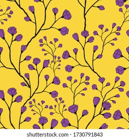 Patrón de vectores sin fisuras con flores de manzana dibujadas a mano
 flores. Ilustración colorida aislada en el fondo de un amarillo. Estilo Doodle. Diseño para tarjetas de felicitación, regalos, papel de envolvimiento, tela