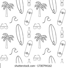 Vector seamless pattern of hand drawn doodle sketch summer beach skateboard and surf isolated on white background