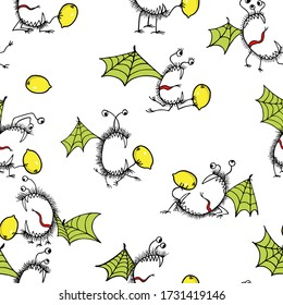 Vector seamless pattern with hand drawn cute monsters with juicy lemons. Beautiful design elements, ink drawing, perfect for prints and patterns