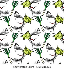 Vector seamless pattern with hand drawn cute monsters with green leek. Beautiful healthy eating design elements, ink drawing, perfect for prints and patterns