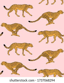 Vector seamless pattern of hand drawn doodle sketch leopard cheetah isolated on pink background