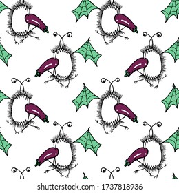 Vector seamless pattern with hand drawn cute monsters eating eggplants. Beautiful healthy eating design elements, ink drawing, perfect for prints and patterns
