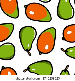 Vector seamless pattern with hand drawn juicy green pears and mango. Beautiful food design elements, perfect for prints and patterns