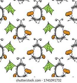 Vector seamless pattern with hand drawn cute monsters eating raw potato. Beautiful food design elements, ink drawing, perfect for prints and patterns
