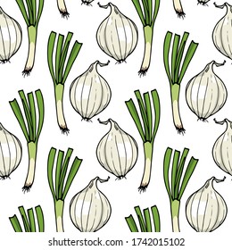 Vector seamless pattern with hand drawn white onion bulbs and spring onions. Beautiful food design elements, green vegetables illustration. Perfect for prints and patterns