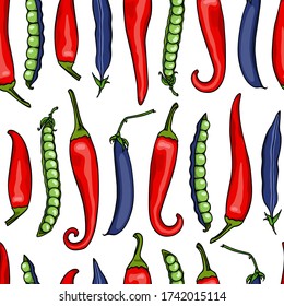Vector seamless pattern with  hand drawn red Tabasco peppers and Blue Shelling pea pods. Ink drawing, beautiful vegetarian design elements. Perfect for prints and patterns