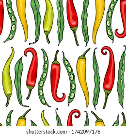 Vector seamless pattern with hand drawn green beans and Tabasco pepper pods. Beautiful food design elements, perfect for prints and patterns