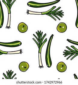 Vector seamless pattern with hand drawn leek, zucchini and green grapefruit. Beautiful green food design elements, ink drawing, perfect for prints and patterns