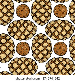 Vector seamless pattern with hand drawn traditional German bread. Ink drawing, graphic style. Beautiful food design elements.