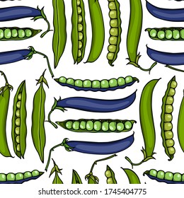 Vector seamless pattern with hand drawn blue shelling and green pea pods. Beautiful food design elements, ink drawing. Perfect for prints and patterns