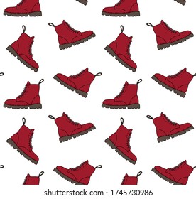 Vector seamless pattern of hand drawn doodle sketch colored red boot isolated on white background