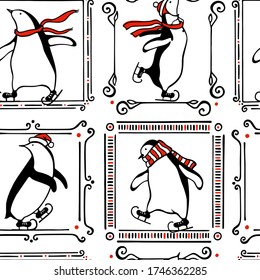 Vector seamless pattern with hand drawn cute penguins skating on ice with red scarves and hats in vintage frames. Ink drawing, funny illustration, beautiful winter sport design elements.