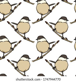 Vector seamless pattern with hand drawn Willow Tit sitting on a tree branch. Ink drawing, beautiful animal design elements. Perfect for prints and patterns