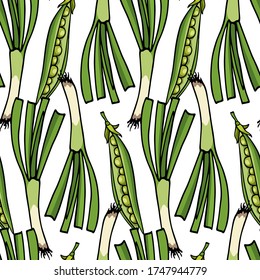 Vector seamless pattern with hand drawn green pea pods and spring onions. Beautiful food design elements, green vegetables illustration. Perfect for prints and patterns