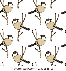 Vector seamless pattern with hand drawn Willow Tit sitting on a tree branch. Ink drawing, beautiful animal design elements. Perfect for prints and patterns